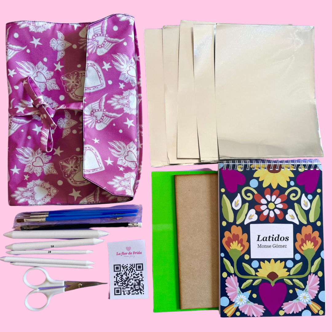 Estuche repujado Básico( Incluye cuaderno 50 bocetos) - La flor de Frida Fucsia / Latidos La flor de Frida