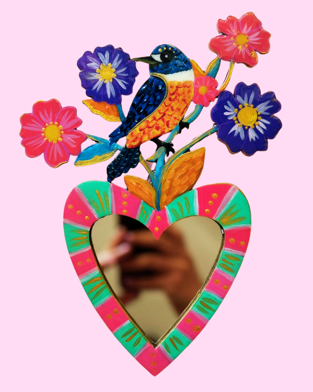 Espejo Pájaro - Borde rosa y menta